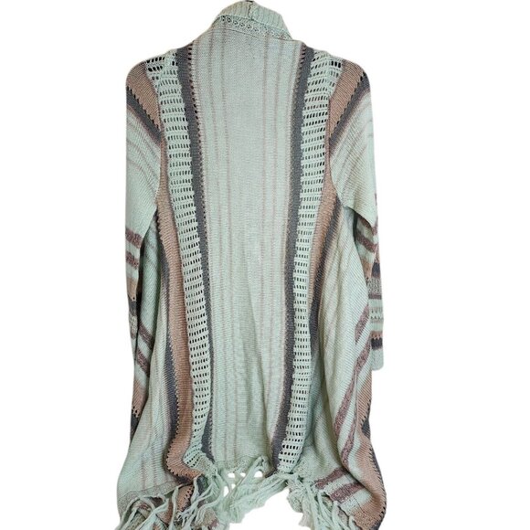 NWT Demanding Boho Striped Fringe Knit Cardigan Sweater Sz Lg Long Open Front - Picture 7 of 10